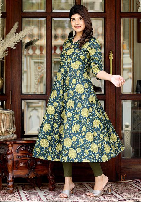 Green Printed Cotton Anarkali Kurta