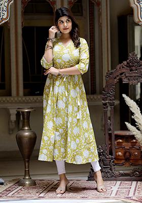 Yellow Printed Cotton Anarkali Kurta