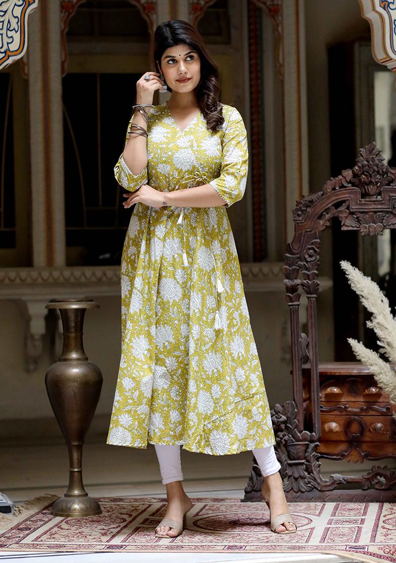 Yellow Printed Cotton Anarkali Kurta