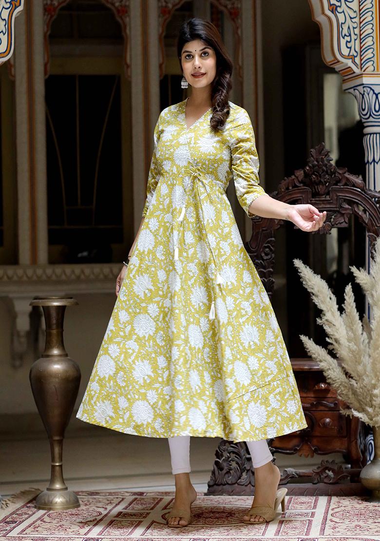 Yellow Printed Cotton Anarkali Kurta