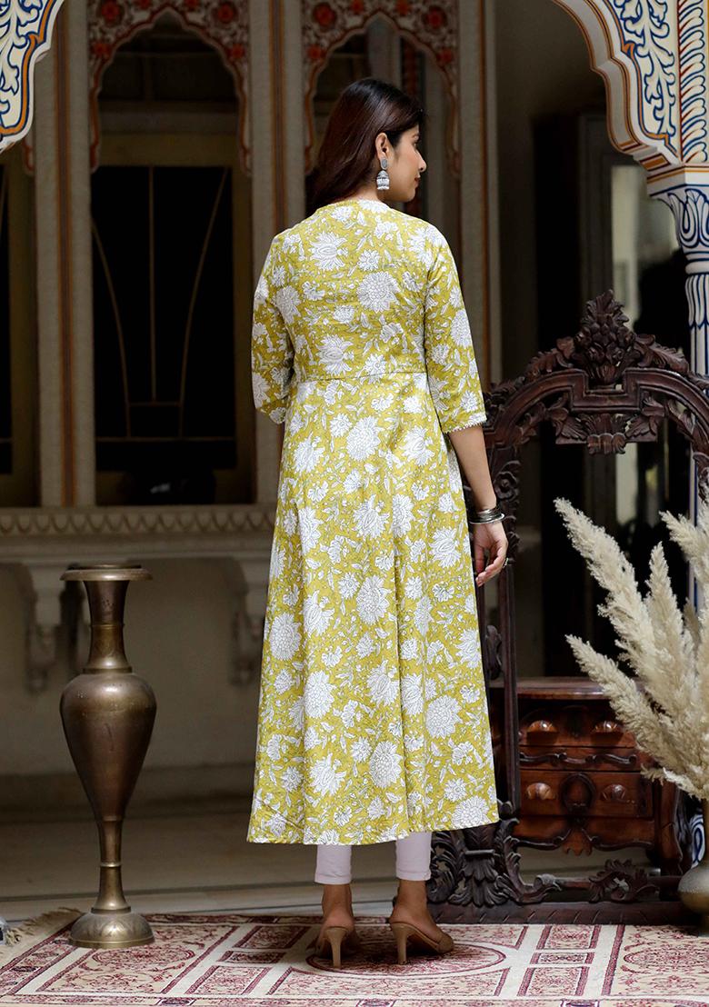 Yellow Printed Cotton Anarkali Kurta