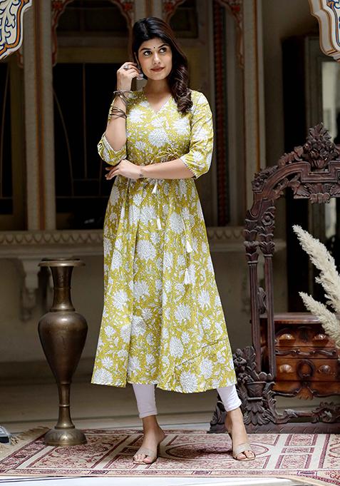 Yellow Printed Cotton Anarkali Kurta