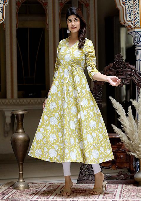 Yellow Printed Cotton Anarkali Kurta