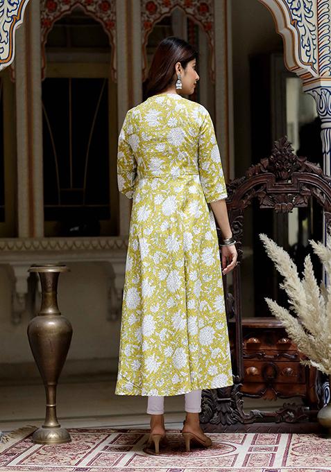 Yellow Printed Cotton Anarkali Kurta