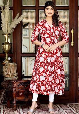 Red Printed Cotton Anarkali Kurta