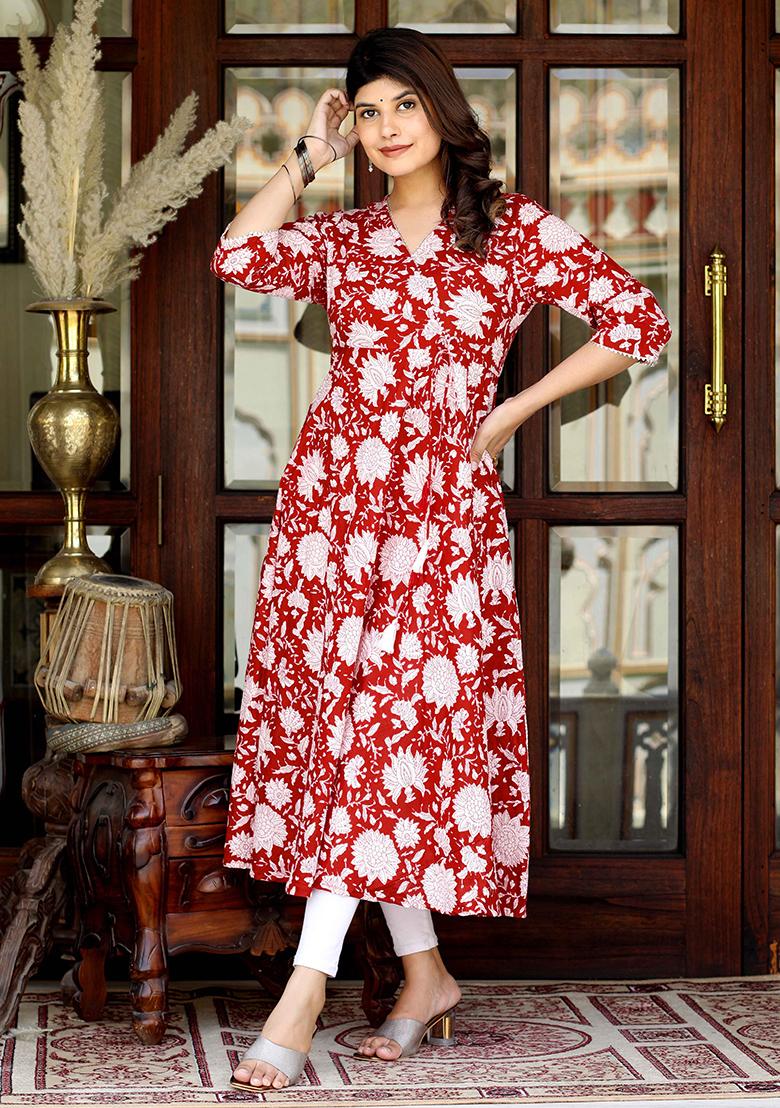 Red Printed Cotton Anarkali Kurta