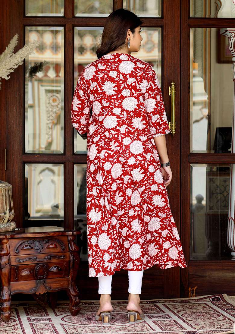 Red Floral Print Cotton Kurta - Indya