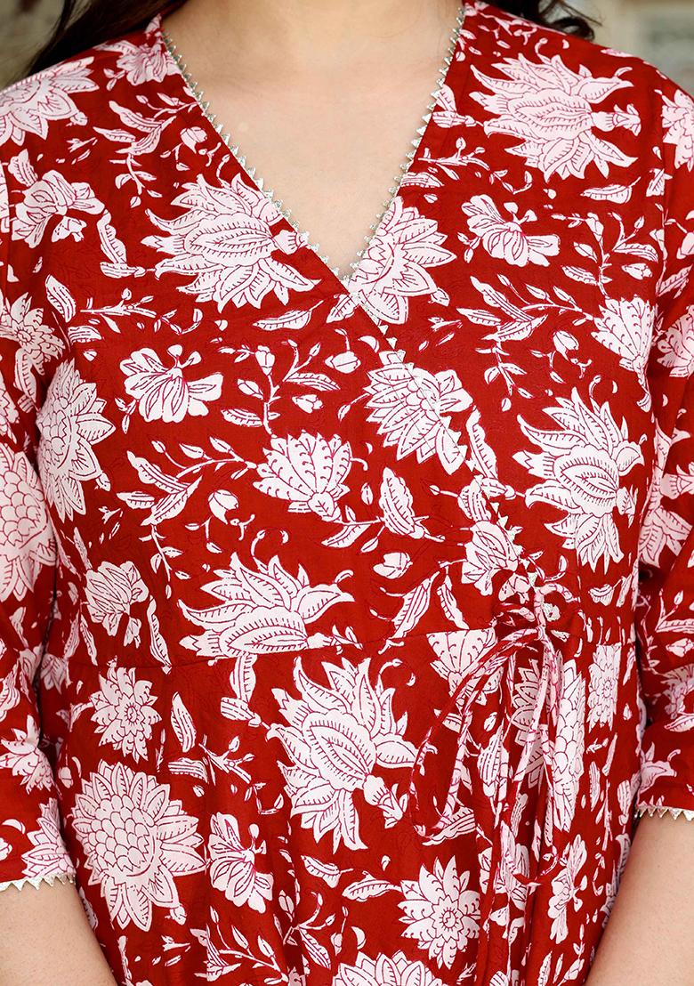 Red Printed Cotton Anarkali Kurta