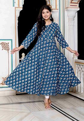 Blue Printed Cotton Anarkali Kurta