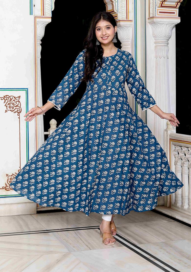 Blue Printed Cotton Anarkali Kurta