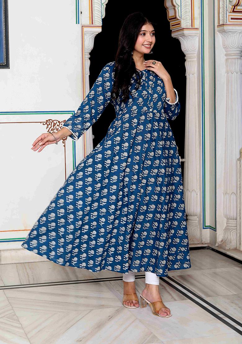 Blue Printed Cotton Anarkali Kurta