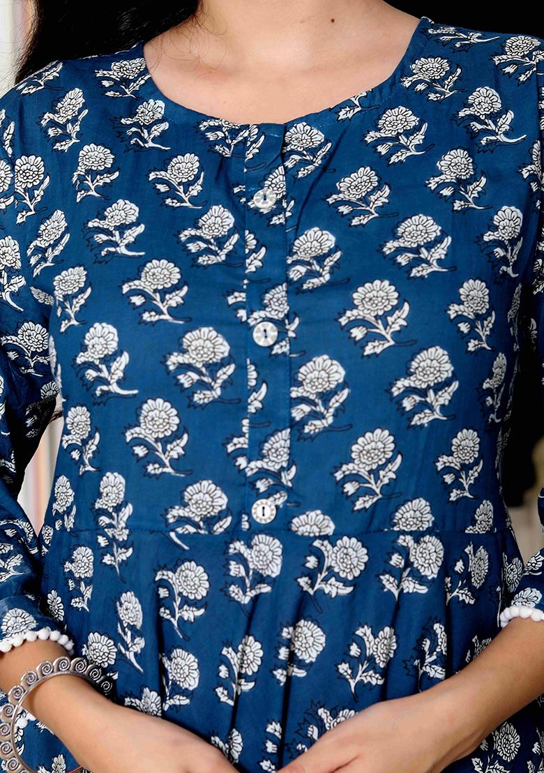 Blue Printed Cotton Anarkali Kurta