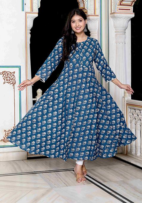 Blue Printed Cotton Anarkali Kurta