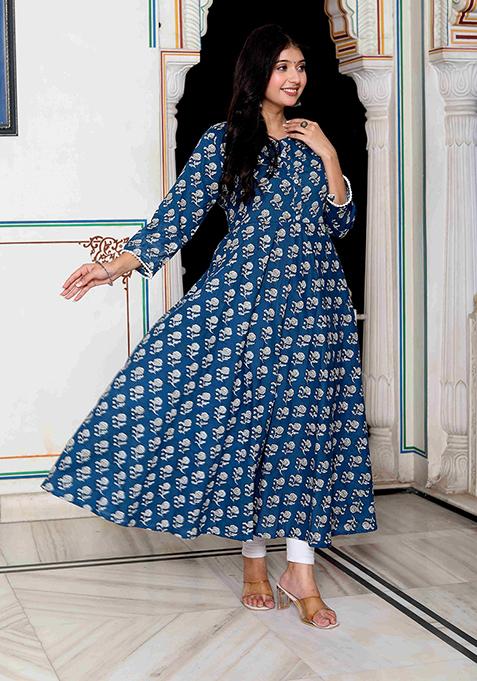 Blue Printed Cotton Anarkali Kurta