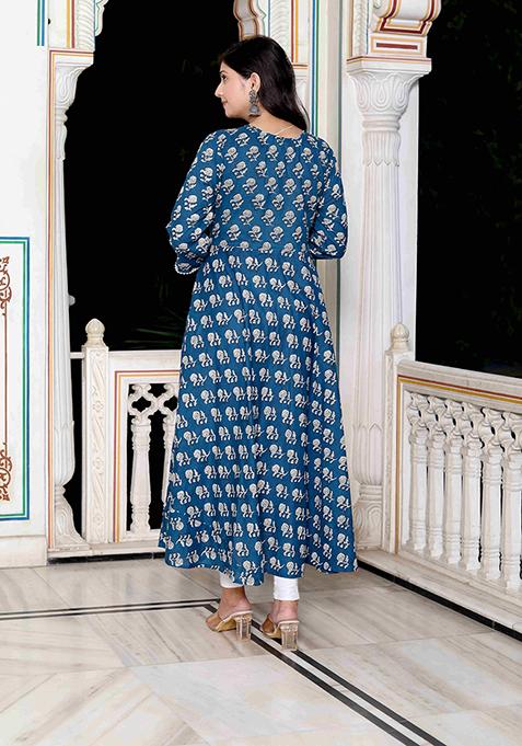 Blue Printed Cotton Anarkali Kurta
