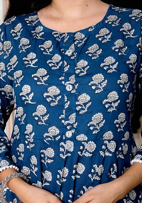Blue Printed Cotton Anarkali Kurta