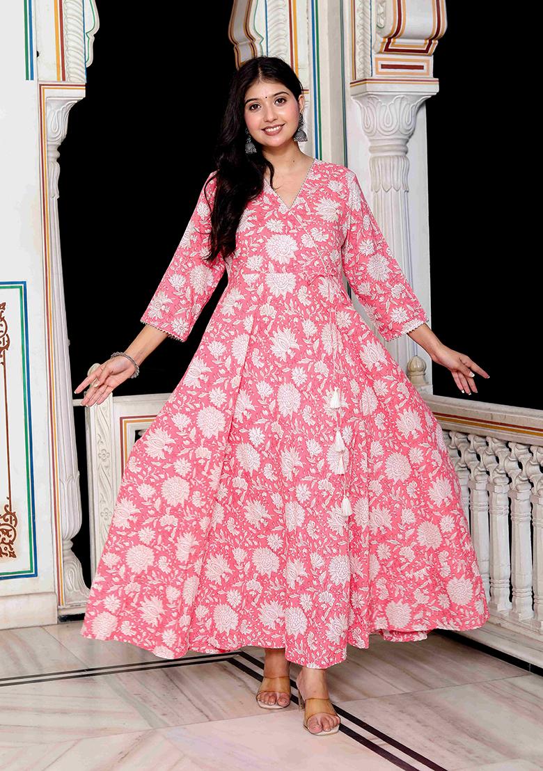 Pink Printed Cotton Anarkali Kurta