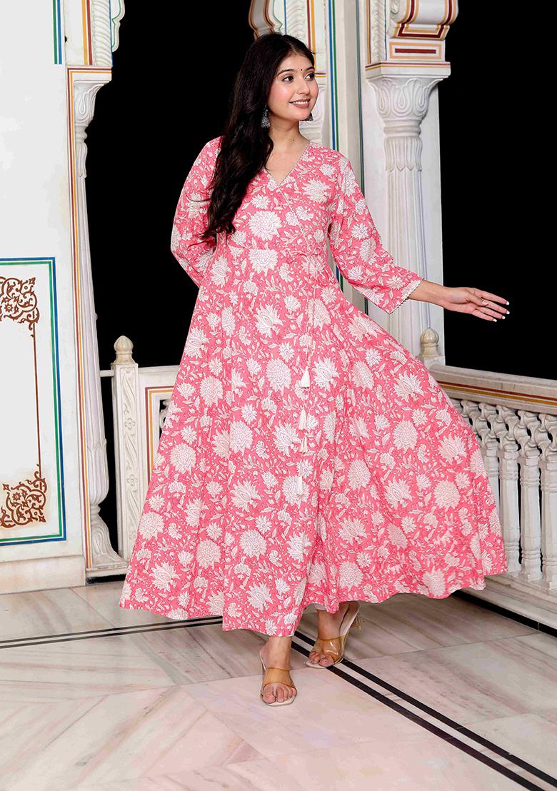 Pink Printed Cotton Anarkali Kurta
