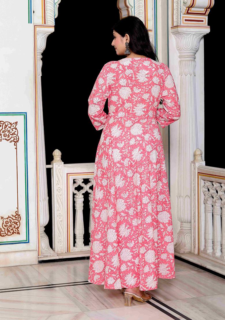 Pink Printed Cotton Anarkali Kurta