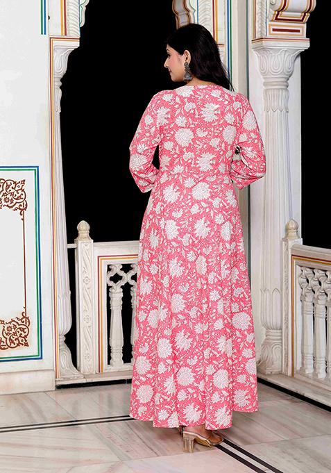 Pink Printed Cotton Anarkali Kurta