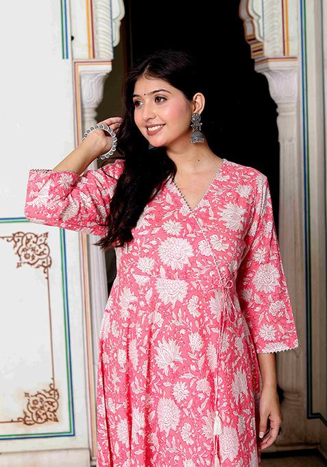 Pink Printed Cotton Anarkali Kurta