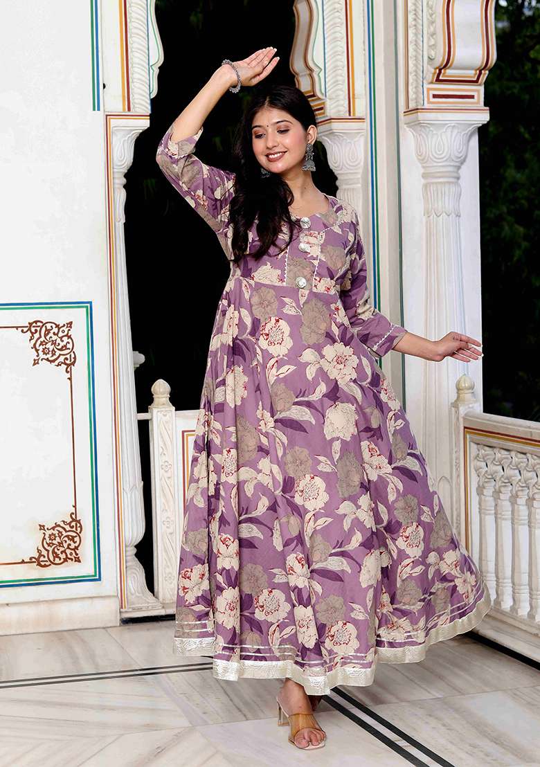 Purple Printed Cotton Gown - Indya