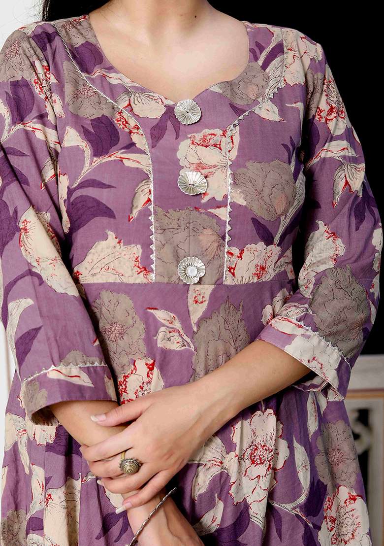 Purple Printed Cotton Gown - Indya