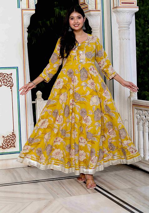 Yellow Gota Patti Cotton Anarkali Kurta
