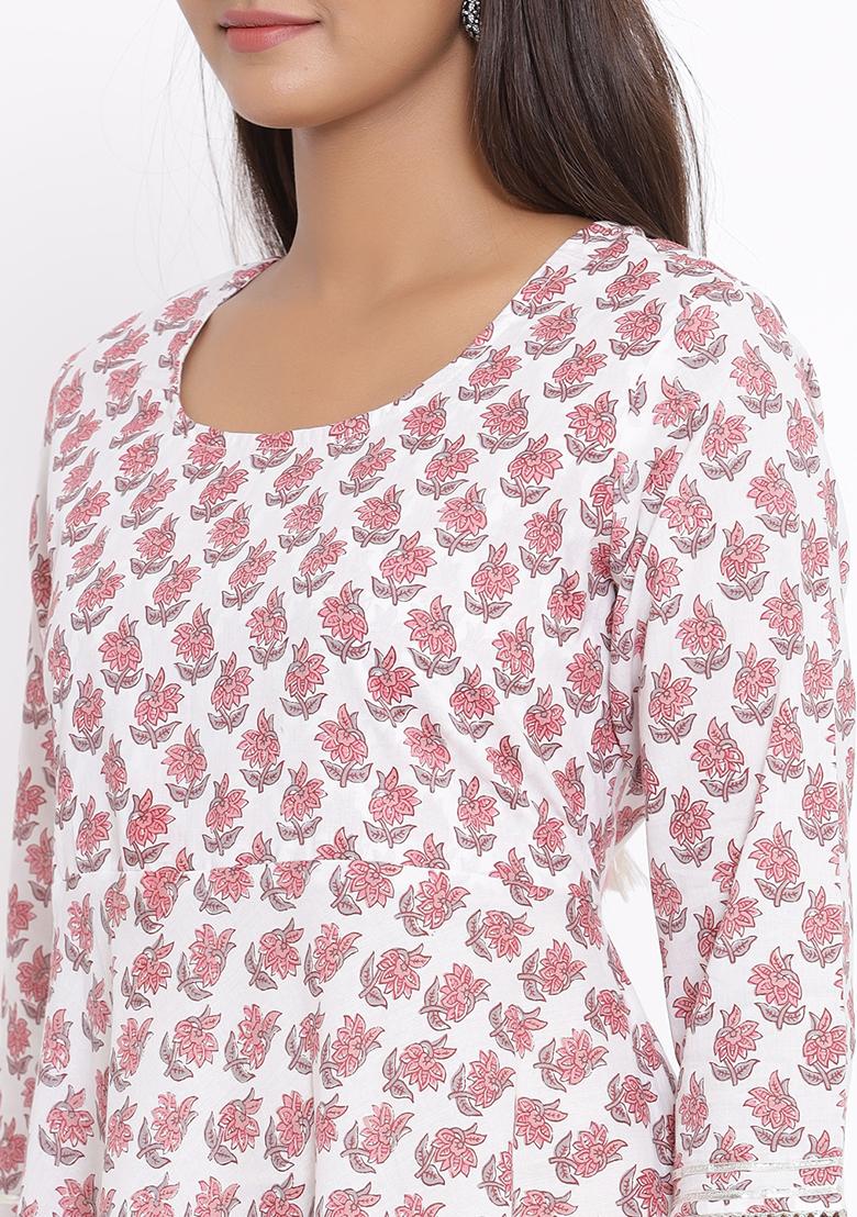 Pink Printed Cotton Anarkali Kurta