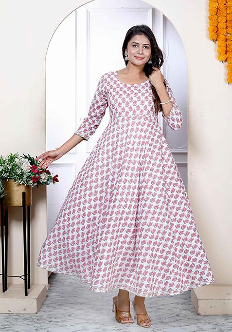 Pink Printed Cotton Anarkali Kurta