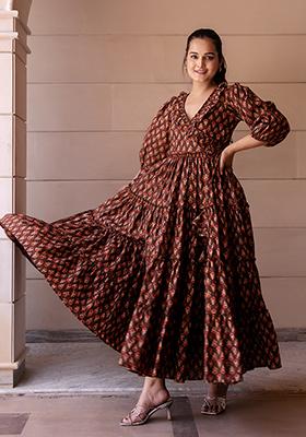 Brown Embroidered Cotton Dress