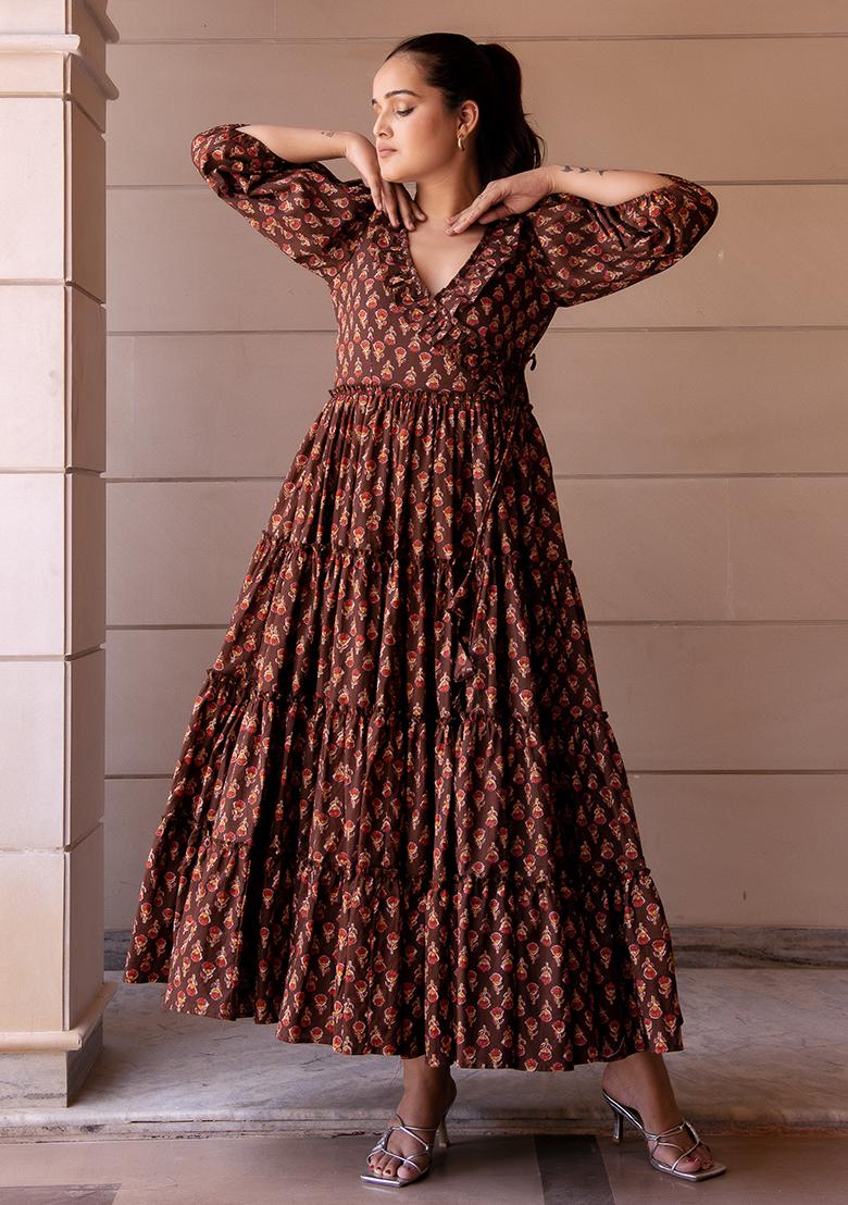 Brown Embroidered Cotton Dress