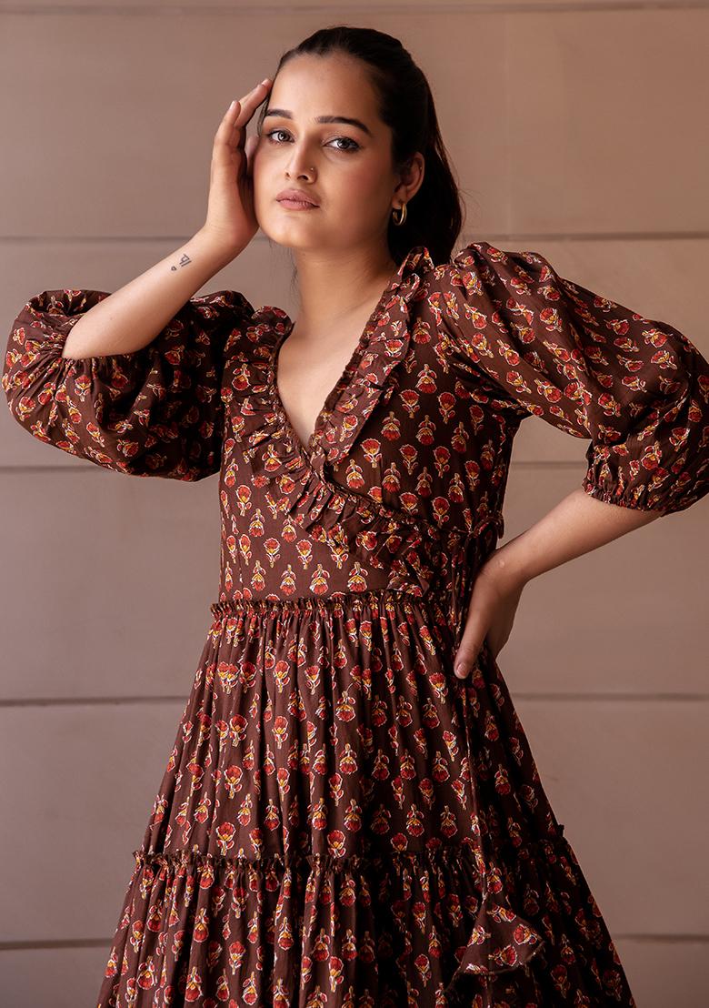 Brown Embroidered Cotton Dress