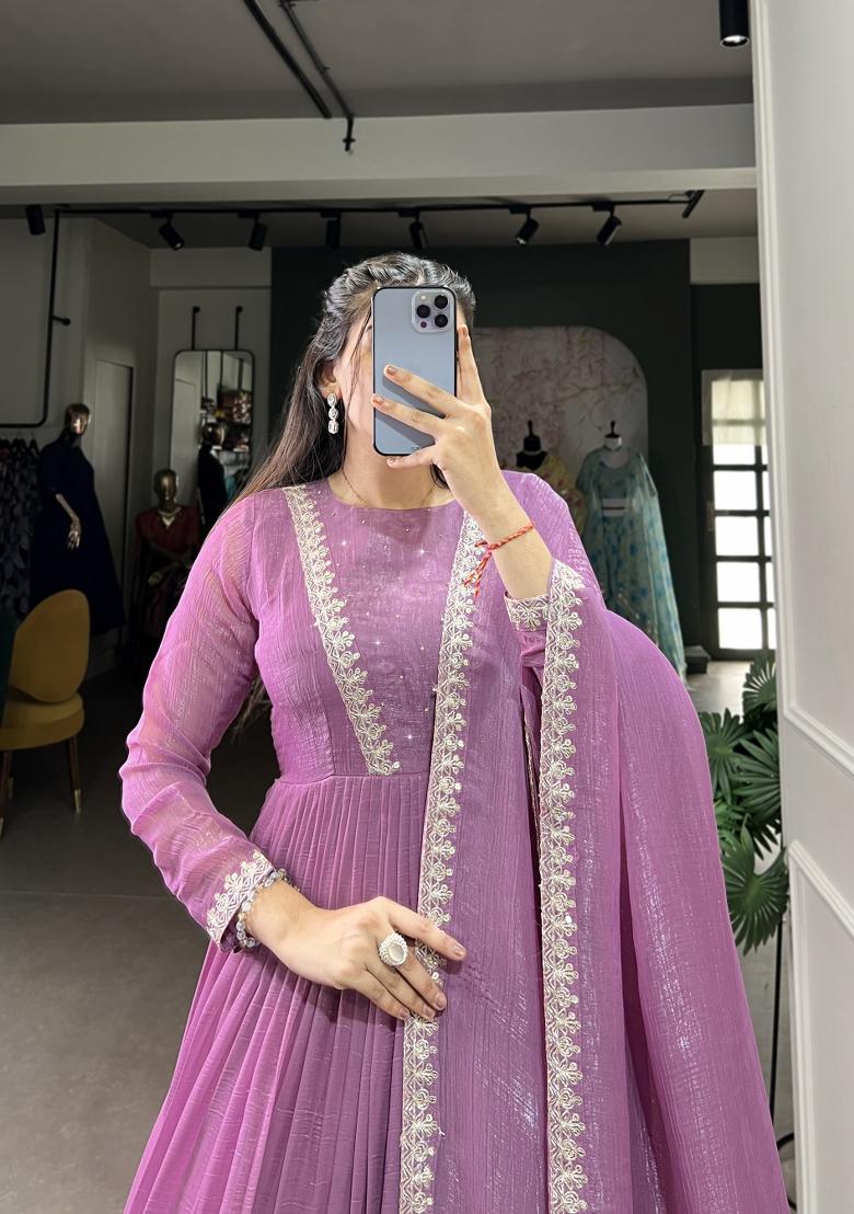 Lavender Embroidered Silk Anarkali Set - Indya