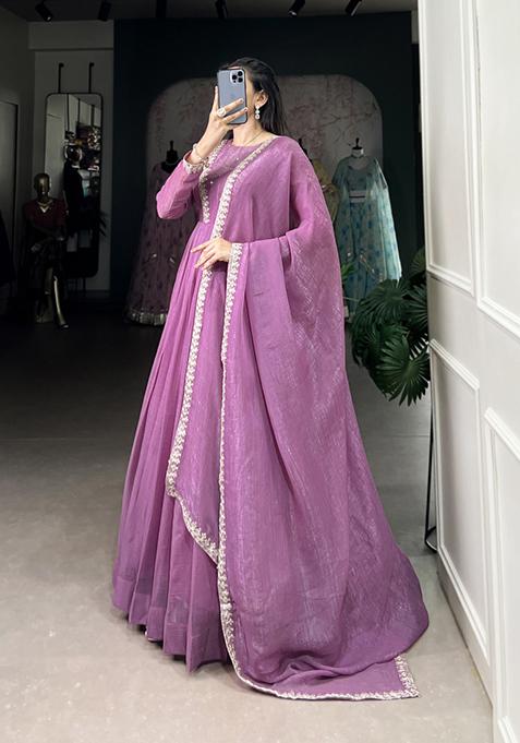Lavender Embroidered Silk Anarkali Set