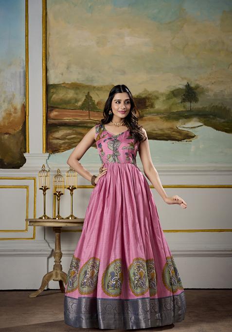 Pink Zari Embroidered Dola Silk Anarkali Set