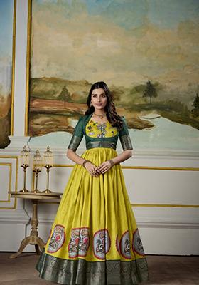 Parrot Green Zari Embroidered Dola Silk Anarkali Set