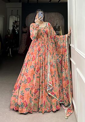 Peach Floral Print  Georgette Anarkali Set