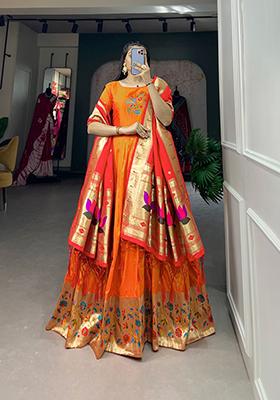 Orange Zari Embroidered Jacquard Anarkali Set