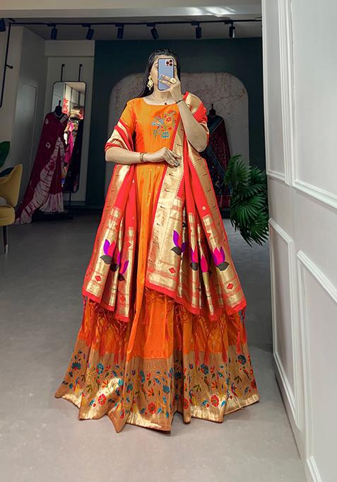 Orange Zari Embroidered Jacquard Anarkali Set