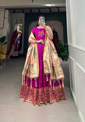 Purple Zari Embroidered Jacquard Anarkali Set