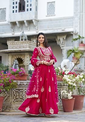 Pink Embroidered Vichitra Silk Anarkali Set