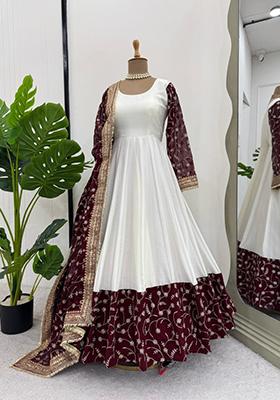 Off White Embroidered Georgette Anarkali Set