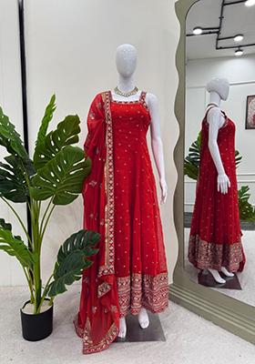 Red Embroidered Georgette Anarkali Set