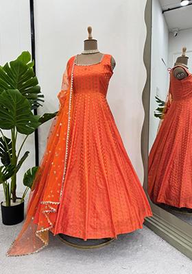 Orange Weaving Jacquard Silk Anarkali Set
