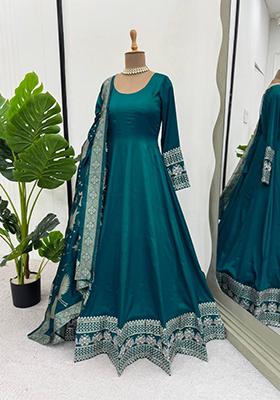 Teal Green Embroidered Satin Silk Anarkali Set