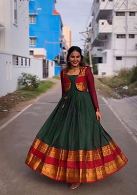 Dark Green Zari Weaving Jacquard Silk Anarkali Set