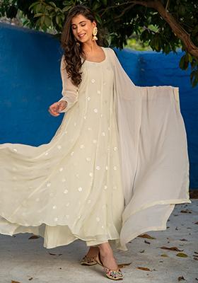 Off White Sequin Embroidered Georgette Anarkali Set