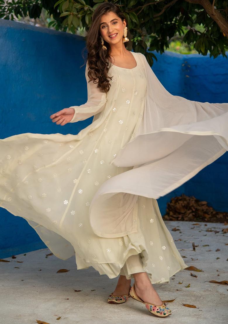 Off White Sequin Embroidered Georgette Anarkali Set - Indya