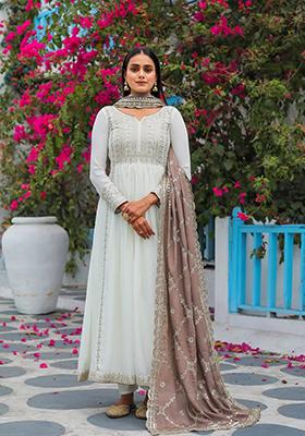 Beige Embroidered Chinon Anarkali Set